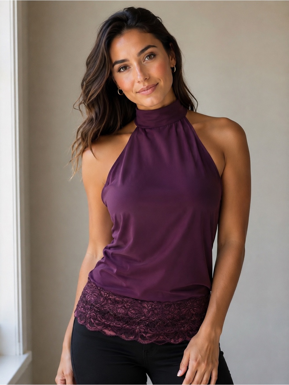 Topia Halter Lace-Hem Camisole in Plum
